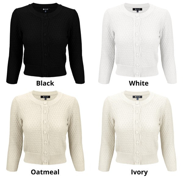 Cute Pattern Cropped Cardigan Sweater 3/4 Sleeve