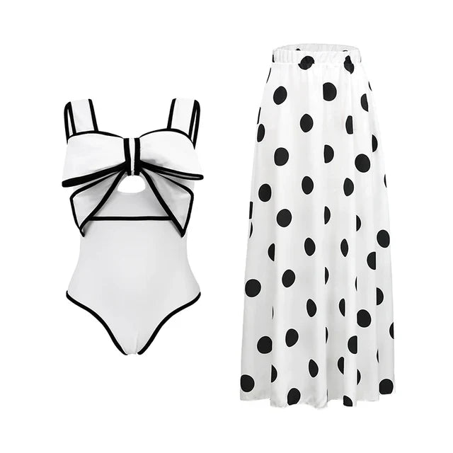 White Vintage Style Swimsuit Polka Dot Cover Up Set