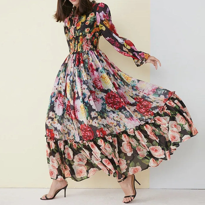 Vintage Inspired Chiffon Ruffled Collar Dress