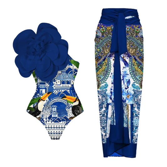 One-Shoulder Ruffled Indochine Blue Floral Swimsuit Set