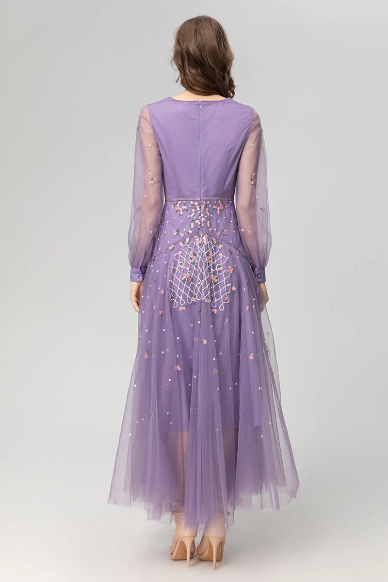 Purple Embossed Flower Lace Long Dress