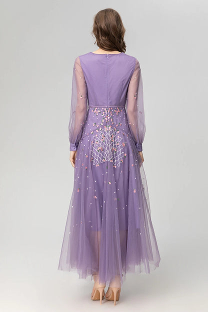 Purple Embossed Flower Lace Long Dress