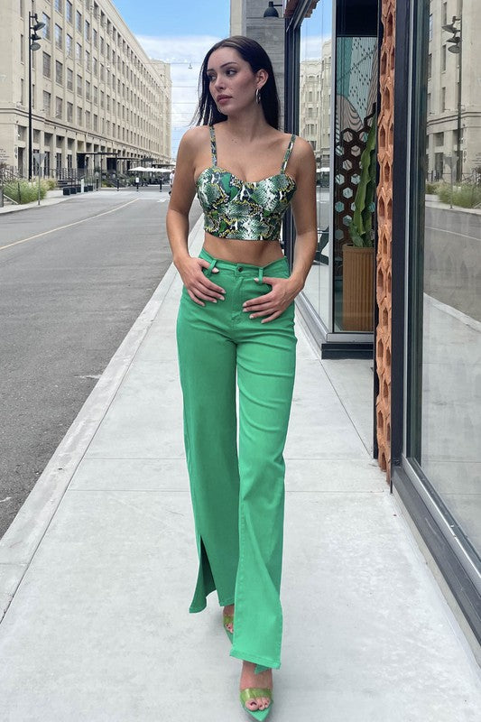 Seafoam Green Front Slit Wide Leg Tencel Pants