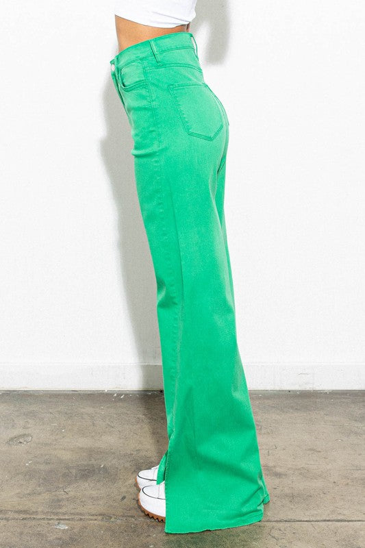 Seafoam Green Front Slit Wide Leg Tencel Pants