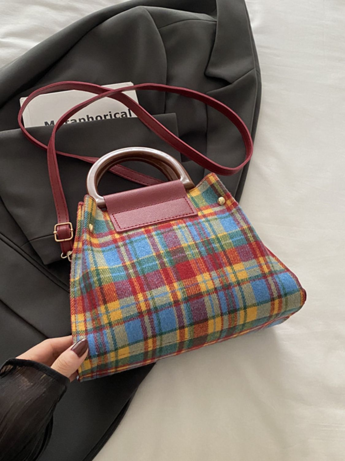 Contrast Plaid Trapezoid Crossbody Bag