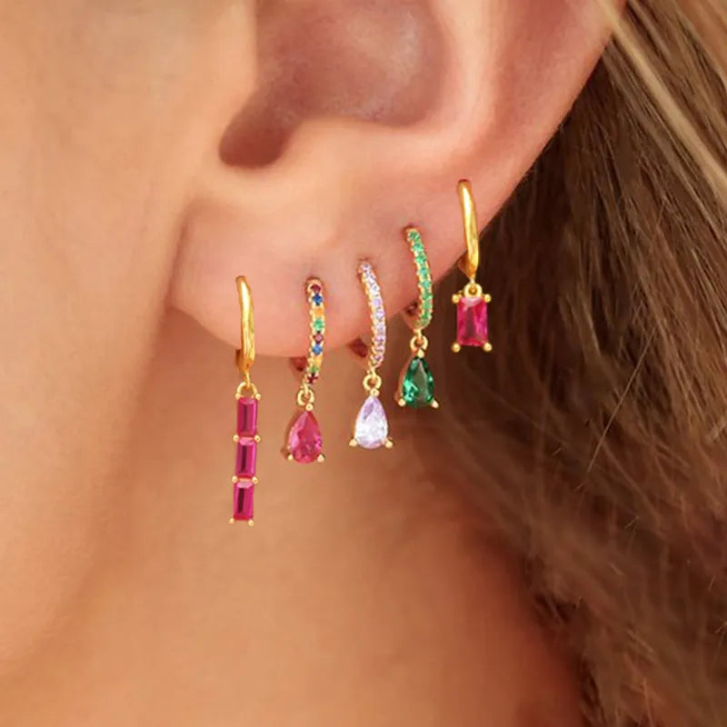 Synthetic Gems Drop Hoop Earrings