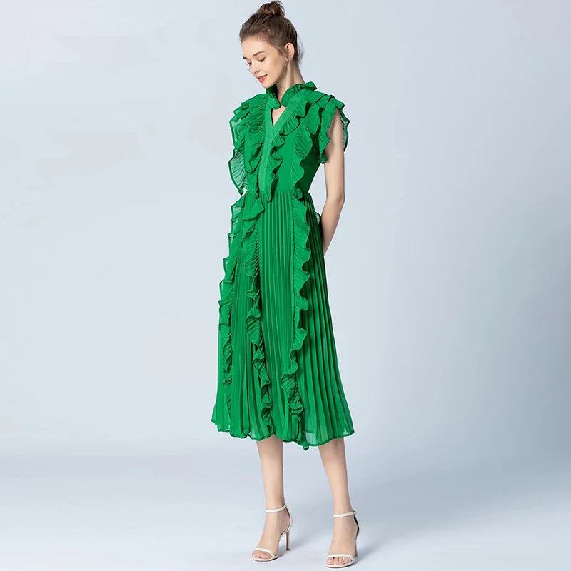 Spring & Summer V-Neck Ruffle Long Dress