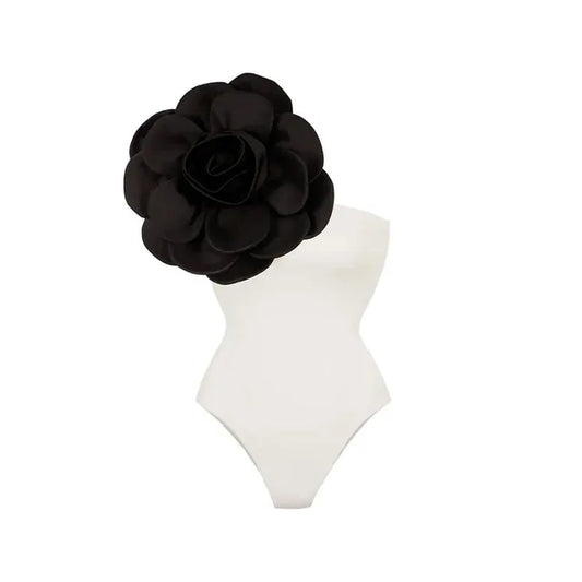 White One-Shoulder Black Ruffled Floral Swimsuit