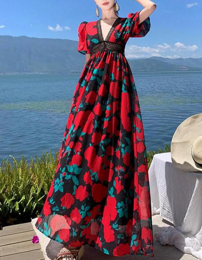 Red Pleated Patchwork Floral Bohemian Dress