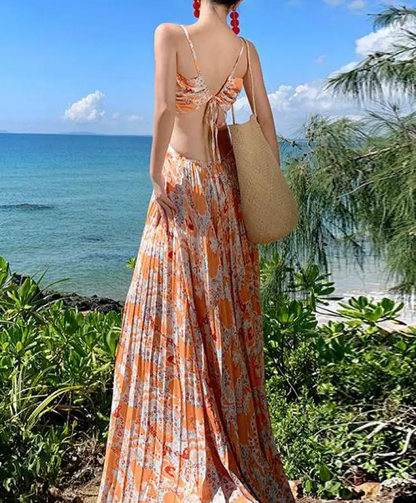 Orange Sundress Boho Long Retro Dress