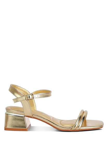 Metallic Ankle Strap Low Block Heels