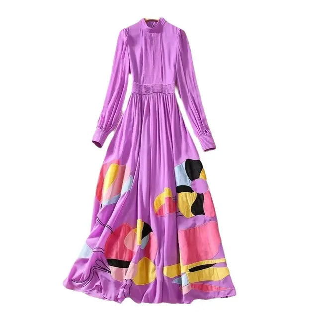 Autumn Winter Women Dresses Chiffon Velvet Purple Colour Pleated Fashion Party Vacation Expansion Vestidos