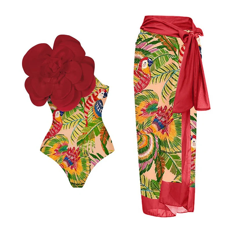 One-Shoulder Ruffled Red Paradise Swimsuit Set