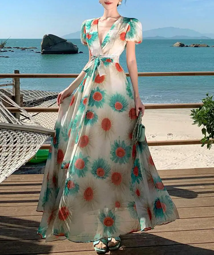 Green Floral A-line Long Retro Dress