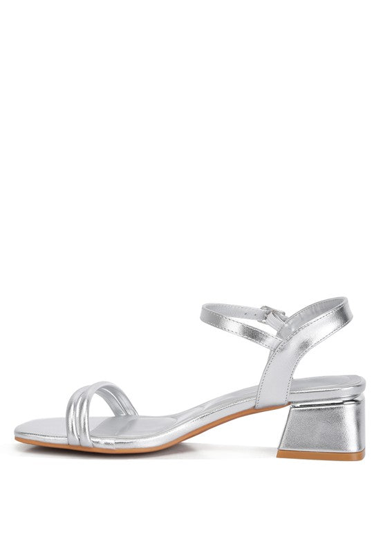 Metallic Ankle Strap Low Block Heels