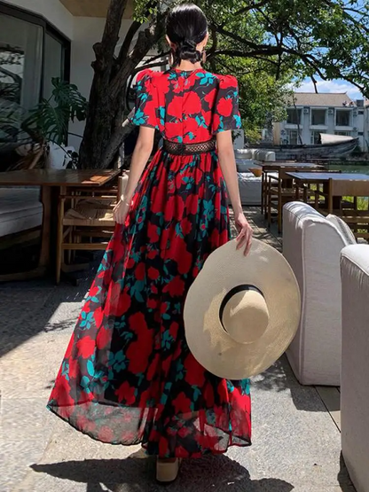 Red Pleated Patchwork Floral Bohemian Dress