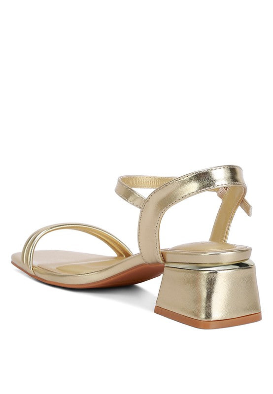 Metallic Ankle Strap Low Block Heels