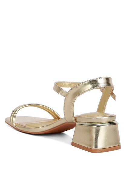 Metallic Ankle Strap Low Block Heels