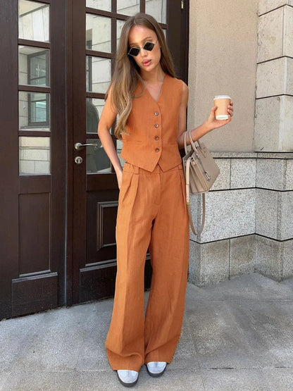 Afternoon Chill Linen Cotton Chic Vest ＆ Pants Suit