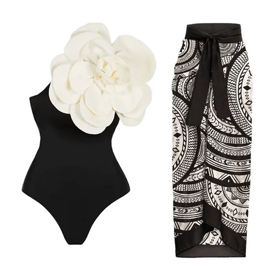 One-Shoulder Black & White Ruffled Floral Swimsuit Set