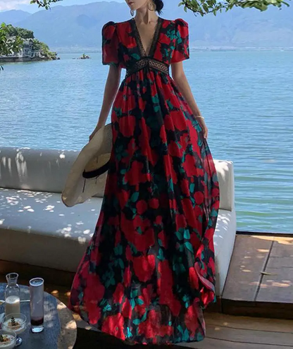 Red Pleated Patchwork Floral Bohemian Dress