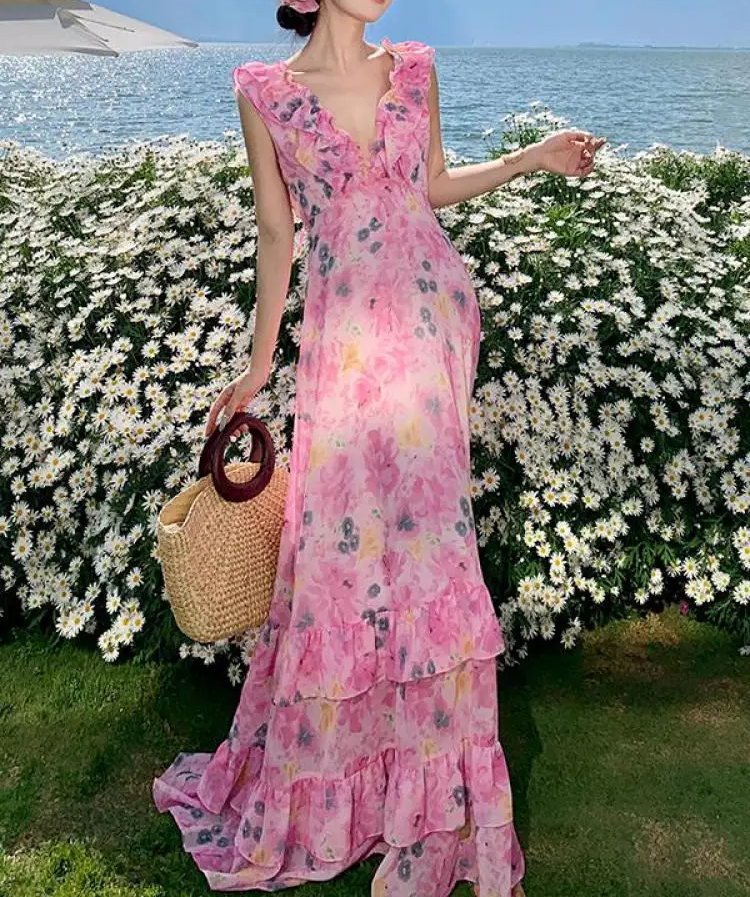 Pink Floral Boho Sleeveless Summer Dress