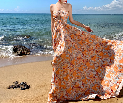 Orange Sundress Boho Long Retro Dress