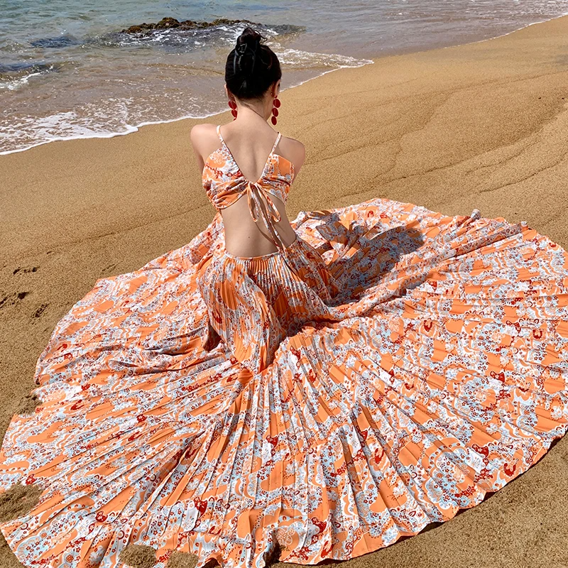 Orange Sundress Boho Long Retro Dress