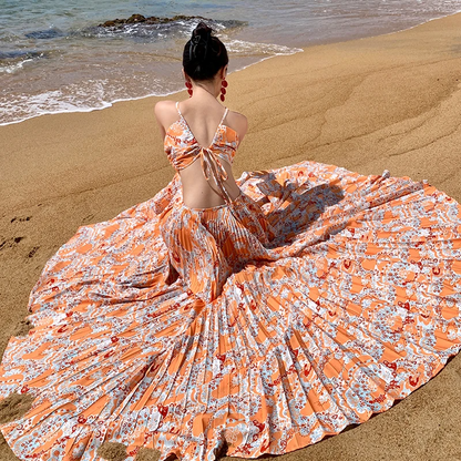 Orange Sundress Boho Long Retro Dress