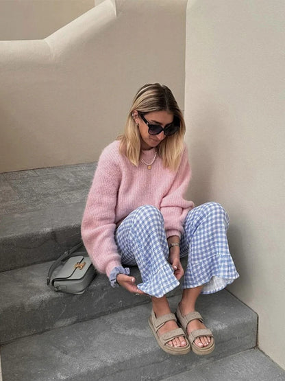 Plaid Perfection: Casual Ruffle-Edged Flare Pants