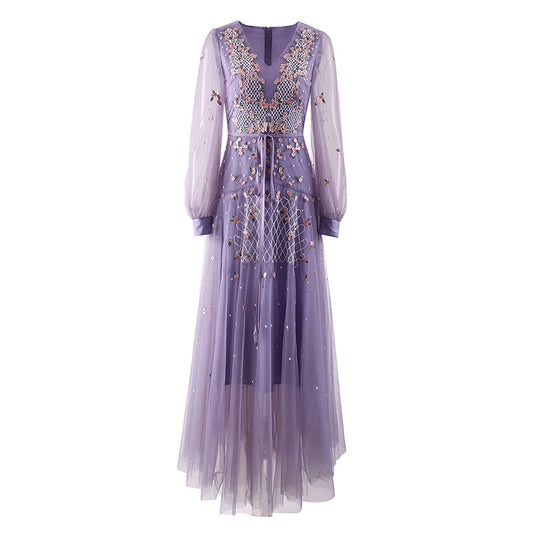 Purple Embossed Flower Lace Long Dress