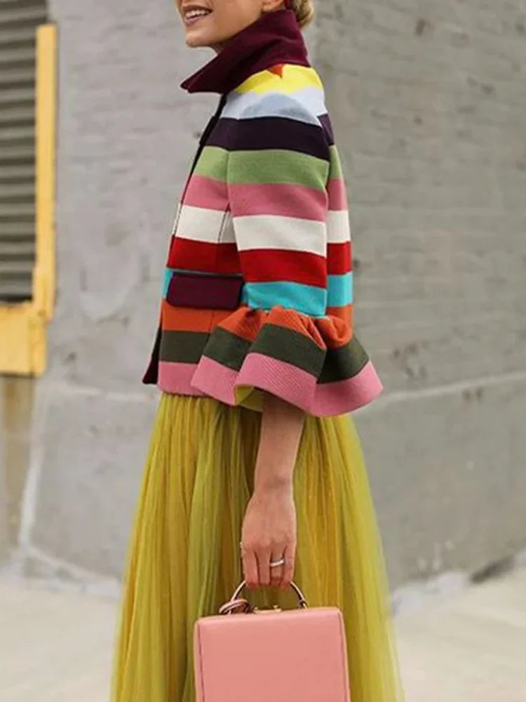 Multi-Colored Striped Lapel Elegant Jacket