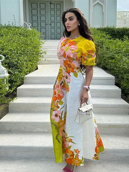 Summer Breeze Elegant Puff-Sleeve Printed Maxi Dress