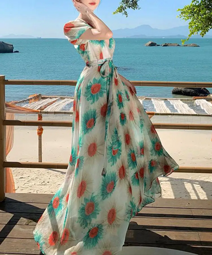 Green Floral A-line Long Retro Dress