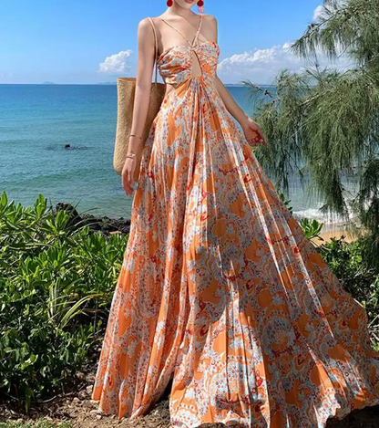 Orange Sundress Boho Long Retro Dress