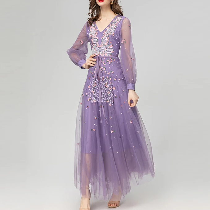 Purple Embossed Flower Lace Long Dress