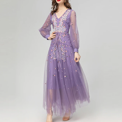 Purple Embossed Flower Lace Long Dress