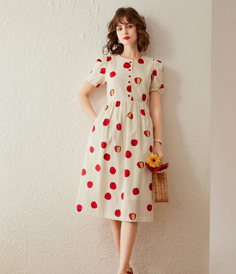 Apple Print A-line Long Dress