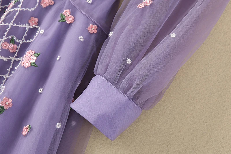 Purple Embossed Flower Lace Long Dress