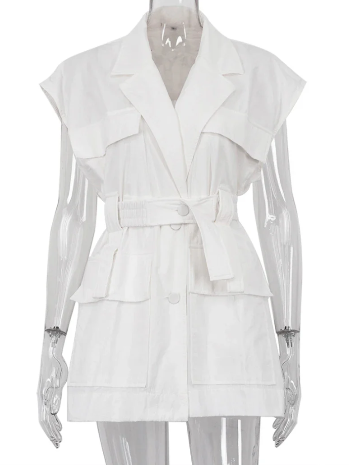 STL's Loose White Cotton Sleeveless Lapel Shirts