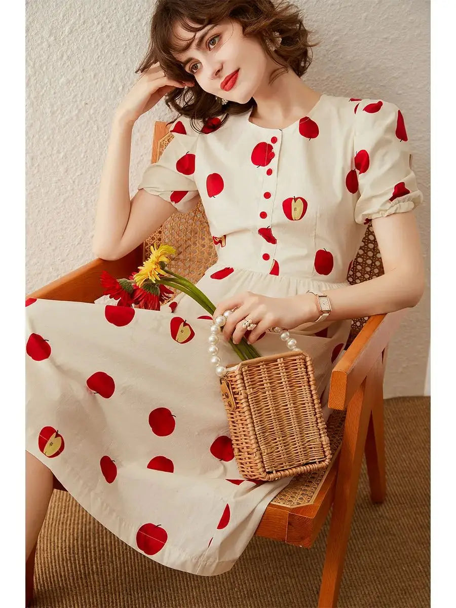 Apple Print A-line Long Dress