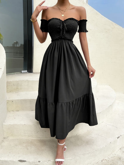 Black Off-Shoulder Short Sleeve Midi Dress