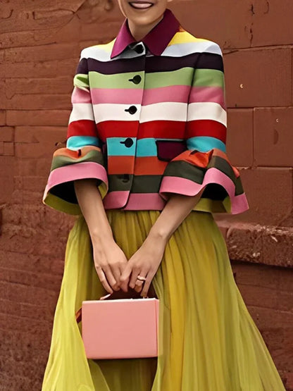 Multi-Colored Striped Lapel Elegant Jacket