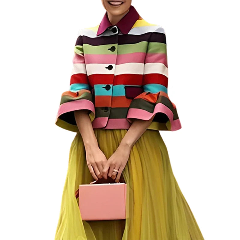 Multi-Colored Striped Lapel Elegant Jacket