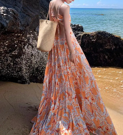 Orange Sundress Boho Long Retro Dress