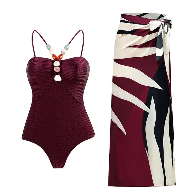 Maroon One Piece + Cover Up Swimsuit