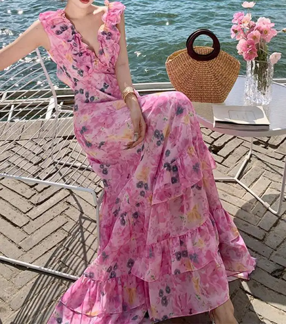 Pink Floral Boho Sleeveless Summer Dress