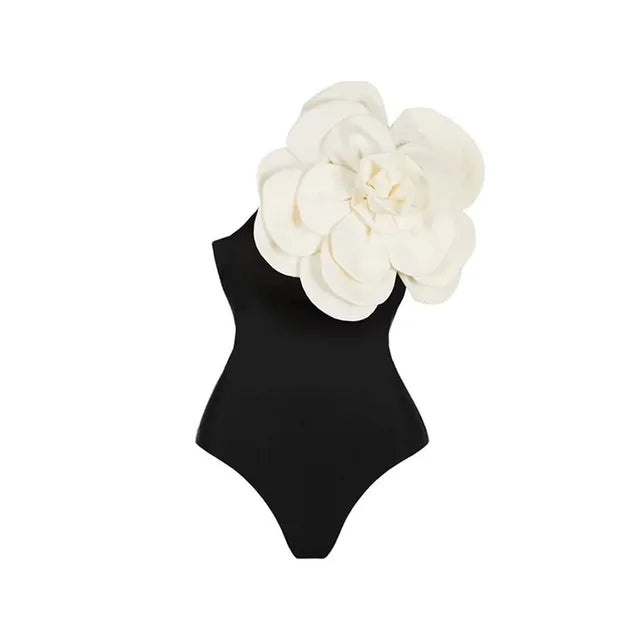 One-Shoulder Black Ruffled Floral Swimsuit