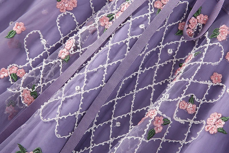 Purple Embossed Flower Lace Long Dress