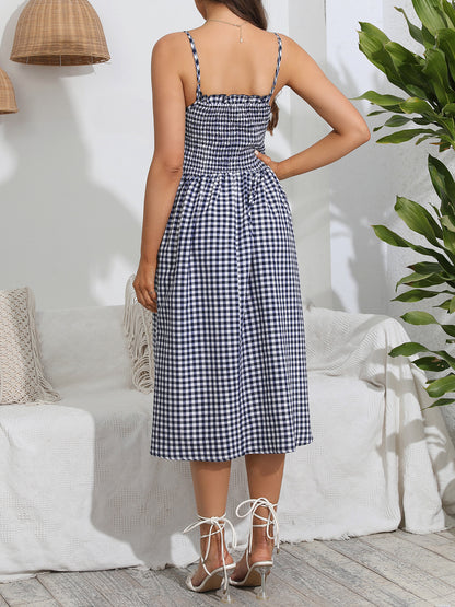 Indigo Smocked Plaid Square Neck Cami Dress